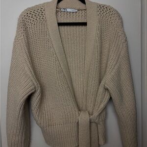Zara Beige Tie-Waist Chunky Knit Cardigan